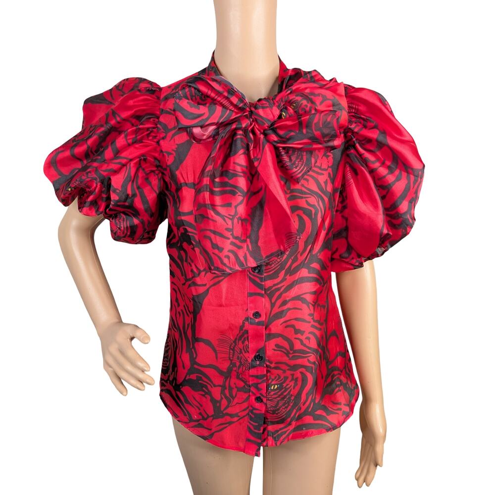 Akira Rare Tiger Print Tie Neck Ruched Puff Sleeve Chiffon Blouse Red Black S